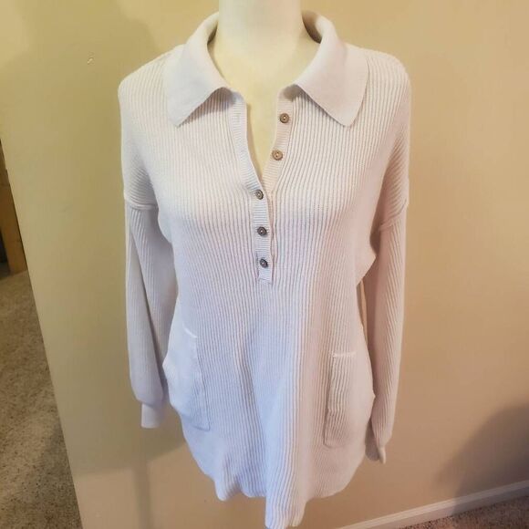 Free People Beach Picnic White Knit Collared Pullover Tunic Sweater Size Small - Picture 2 of 11